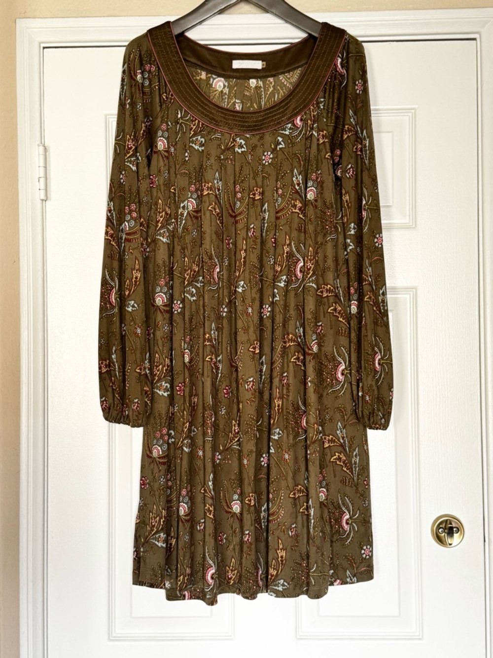 Badgley Mischka Olive Paisley Floral Silk Long-Sleeve Shift Dress Size M